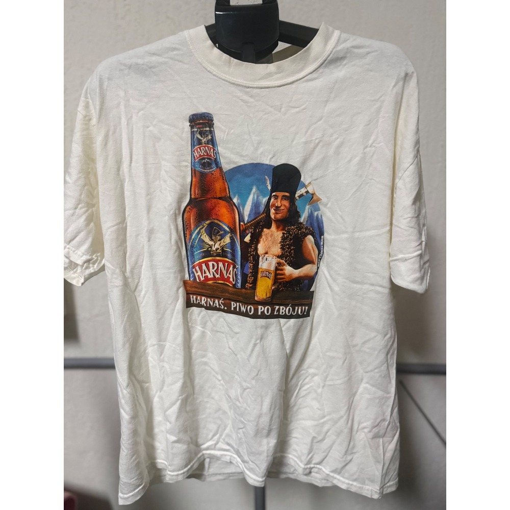 Vintage Jerzees Harnas Polish Beer Graphic T-Shirt Mens XL White Cotton Tee